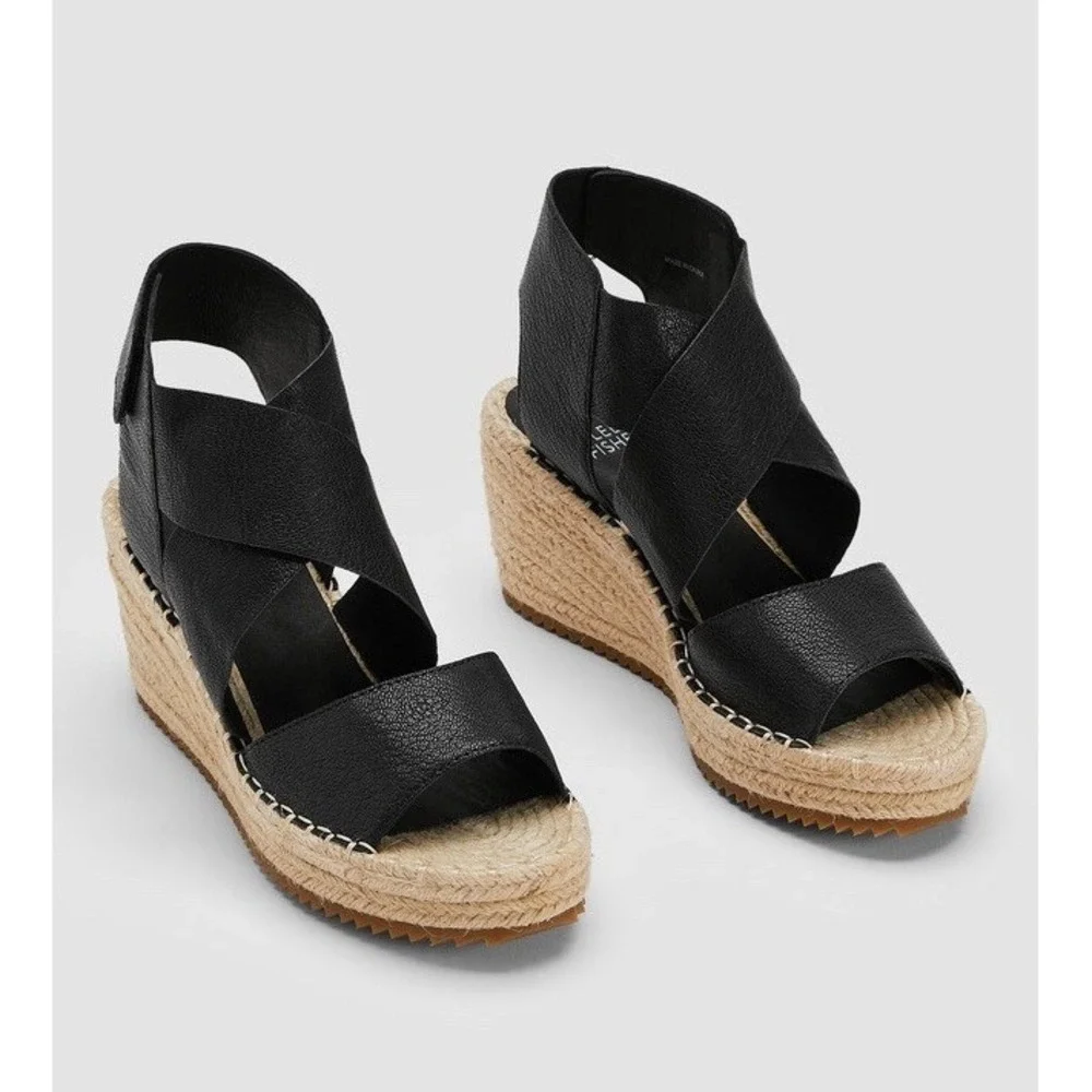 New Eileen Fisher 9.5 Willow Platform Wedge Espadrille Sandals Tumbled Leather